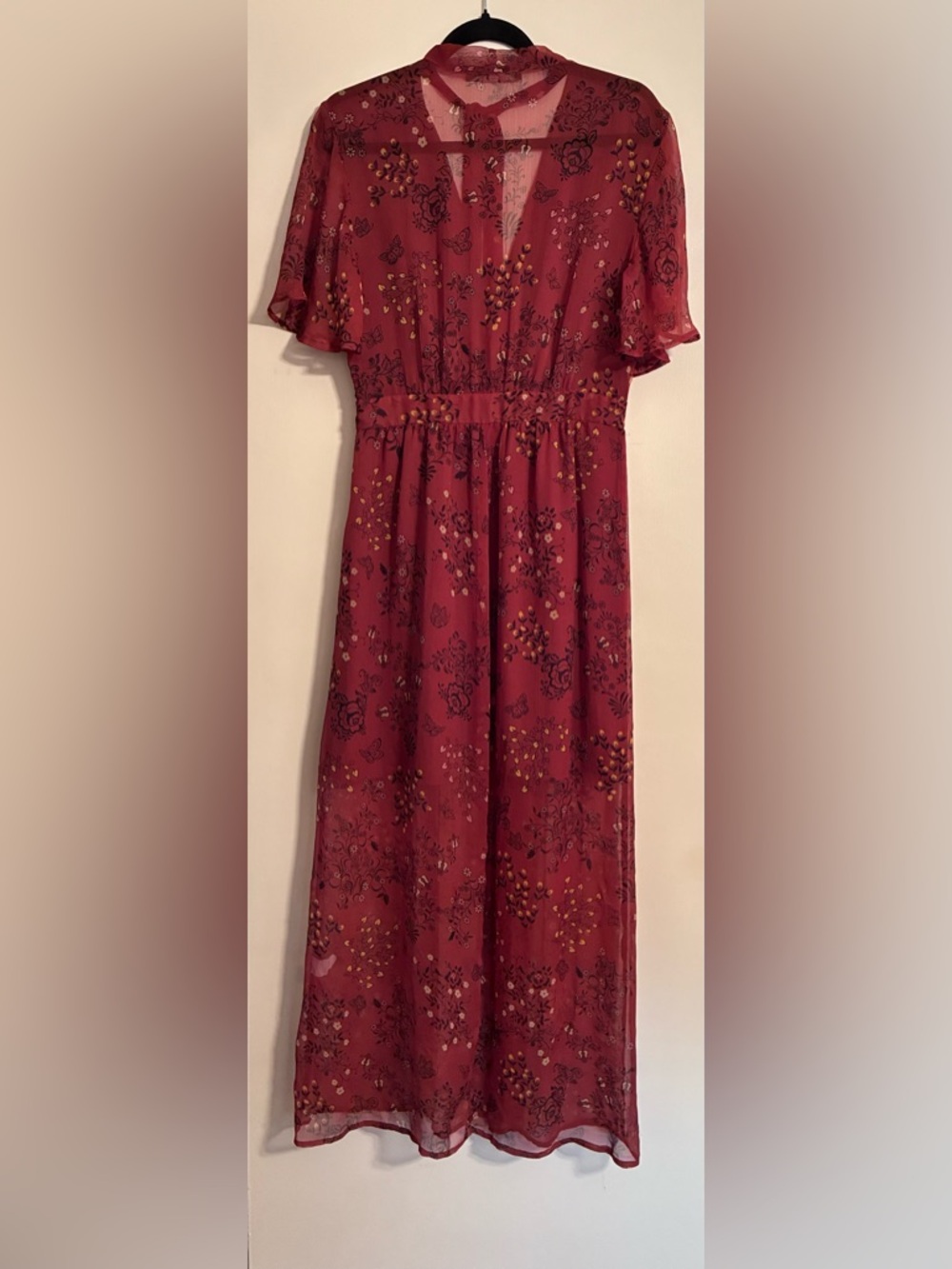One Clothing Los Angeles Women’s Burgundy Floral Sheer Overlay Boho  Dress Sz L
